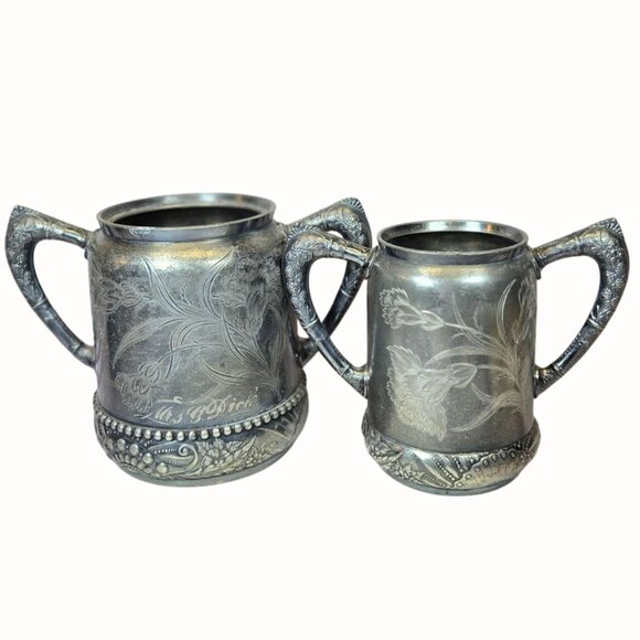 Antique Rockford Silver P Co. Sugar & Cream Dish floral etched rare - Picture 2 of 15